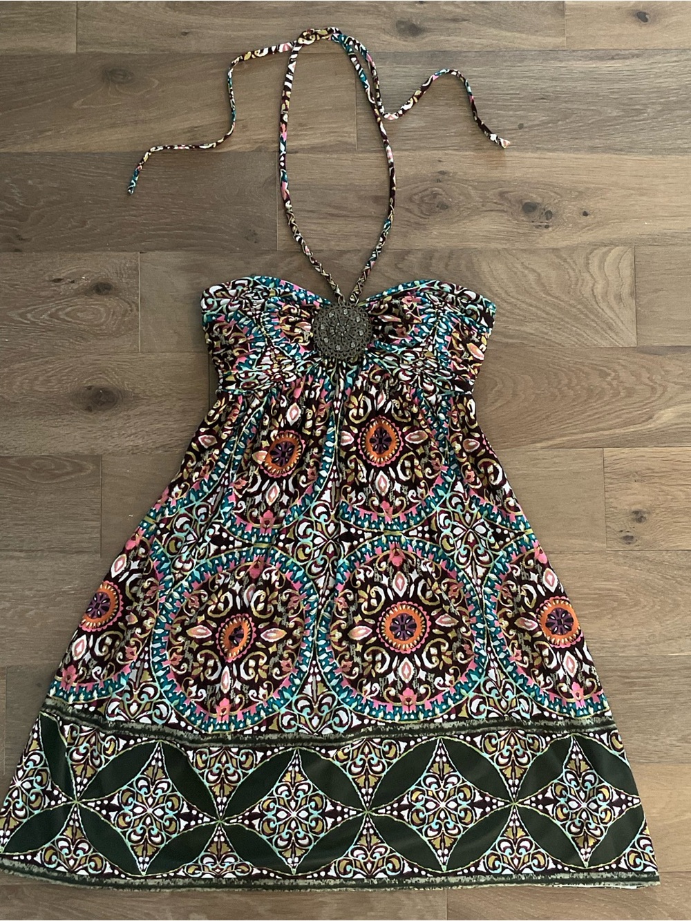 Vintage Strapless Sundress with Halter Ties in Teal, Pink, Brown & Olive